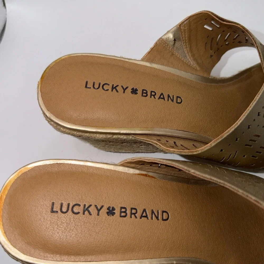 Lucky Brand W(9) Keela Gold Laser Cut Espadrille Wedge Sandals Boho Summer Glam‎